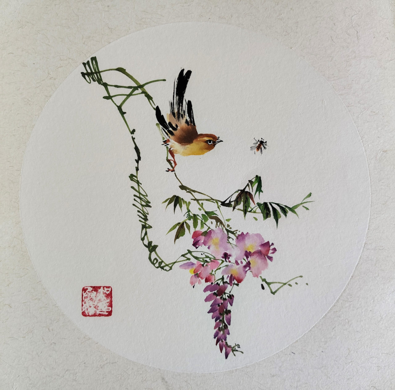 A nightingale and the wisteria