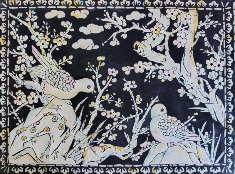 A Flower and Bird Painting in Mother- of- Pearl style l